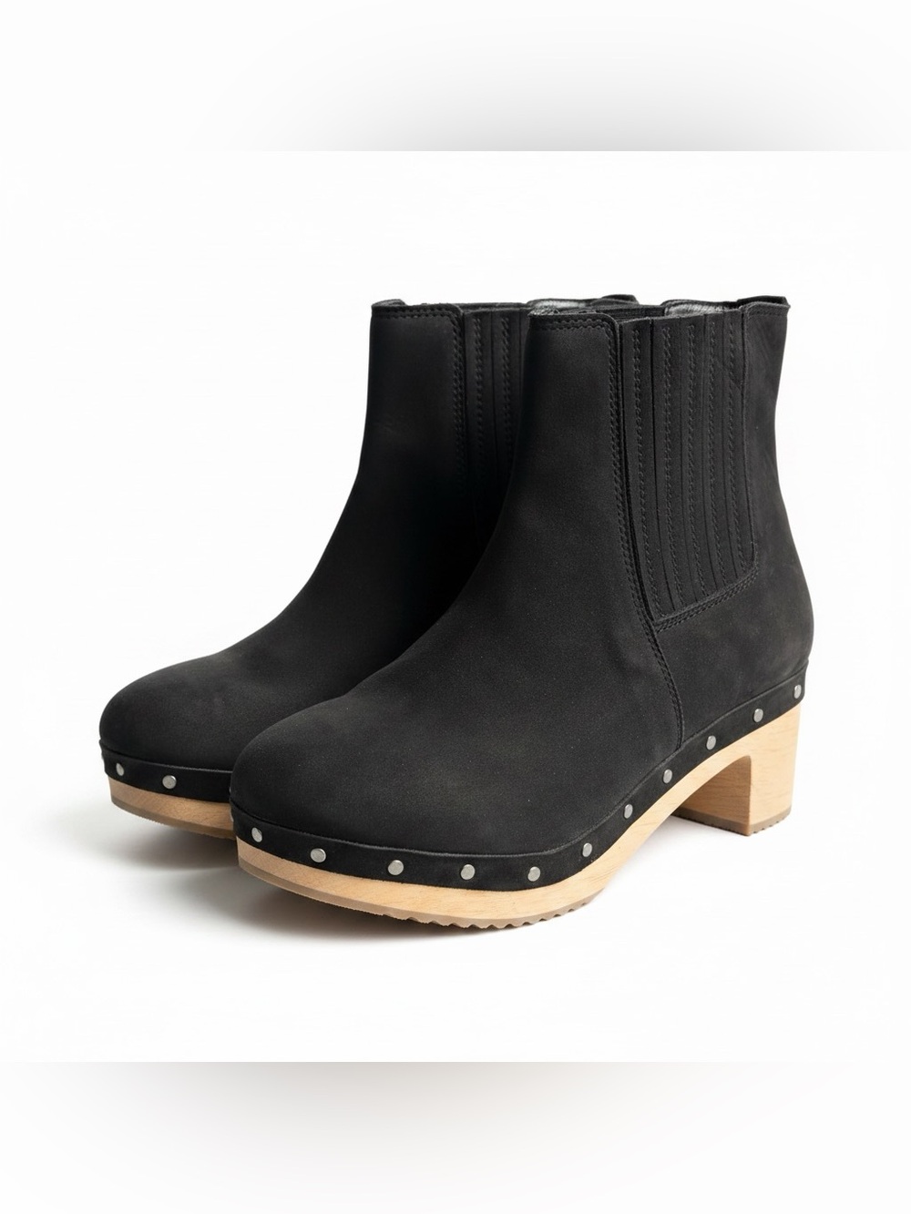 Black Suede Nubuck Studded Clog Booties, Size 7